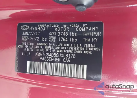 2012 Hyundai Veloster Base W/Red/Black z USA, uszkodzony, nr VIN KMHTC6AD8CU058178